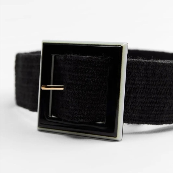 ?NWT. Zara Black Jute Belt with Rectangular Acetate Effect Buckle. Size 30.